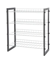 MAINSTAYS 4-Tier Shoe Rack with Wood Frame And Wire Shelf, 2 different frame colors for option, grey and brown, Assembled size: 25 in. W x 12 in. D x 27.5 in. H