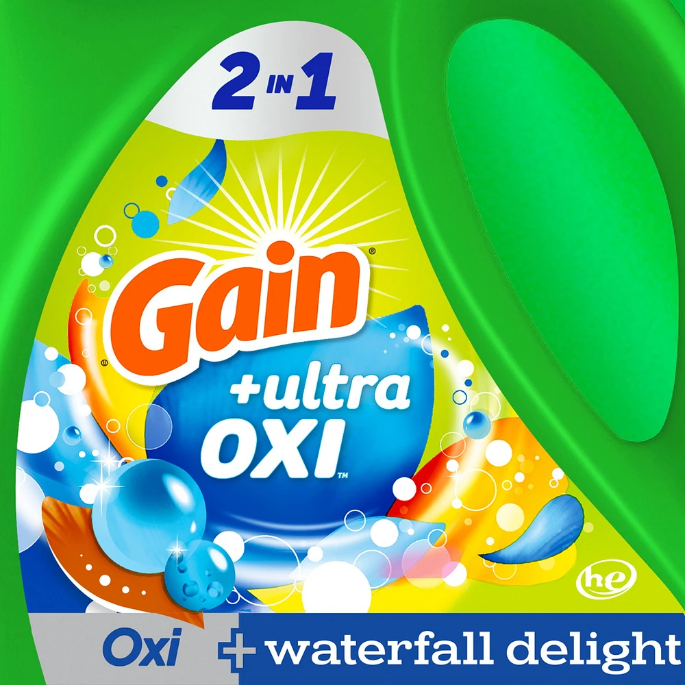 Détergent à lessive liquide Gain Ultra Oxi, parfum Cascade vivifiante, 2 en 1, compatible avec les laveuses HE 2,6 L