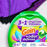 Capsules de détergent à lessive Gain Flings avec Odour Defense, capsules de détergent 3 en 1 avec Febreze et Oxi, parfum Explosion de fraîcheur, compatible avec les laveuses HE 76CT