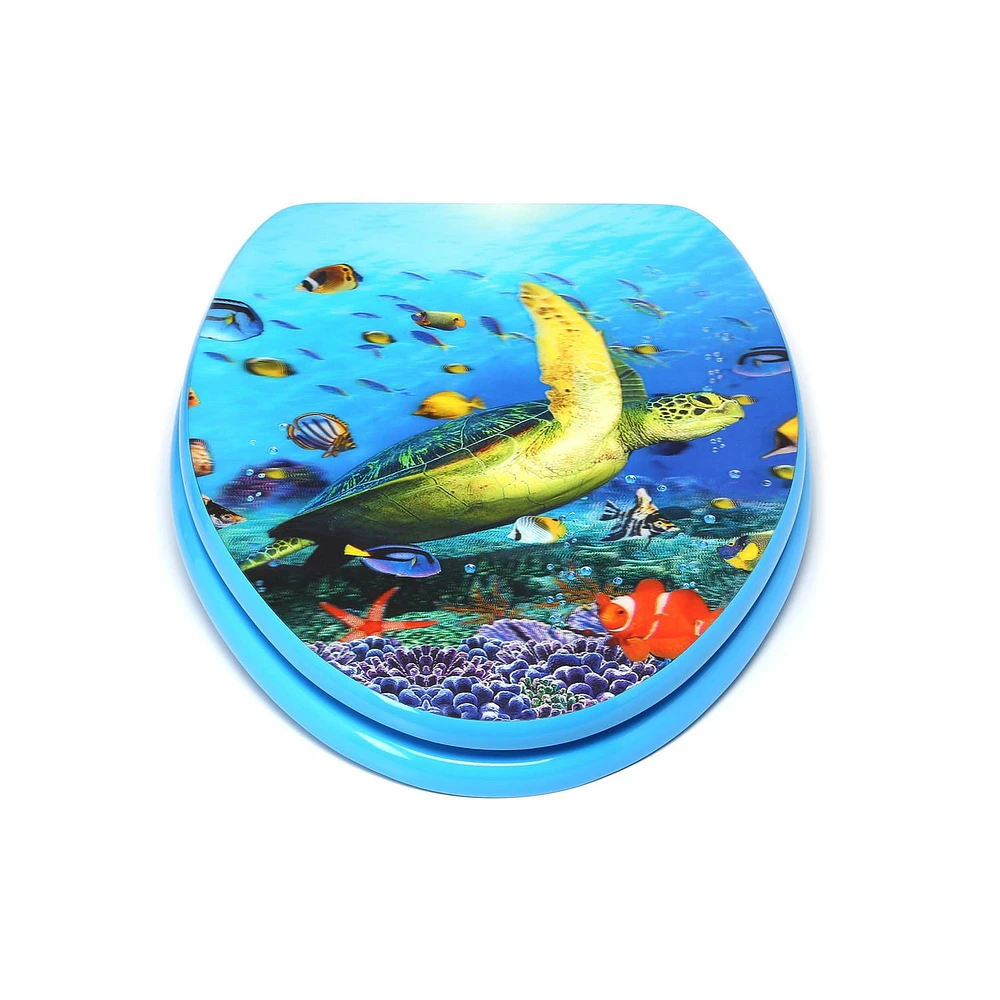 TopSeat High Res 3D Image Sea Turtle Elongated Regular Lid Closure Chromed Metal Hinges Toilet Seat