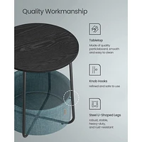 Boutique Home Round End Table with Fabric Basket Ideal for Den or Bedroom - Black Wood Design and Dark Turquoise