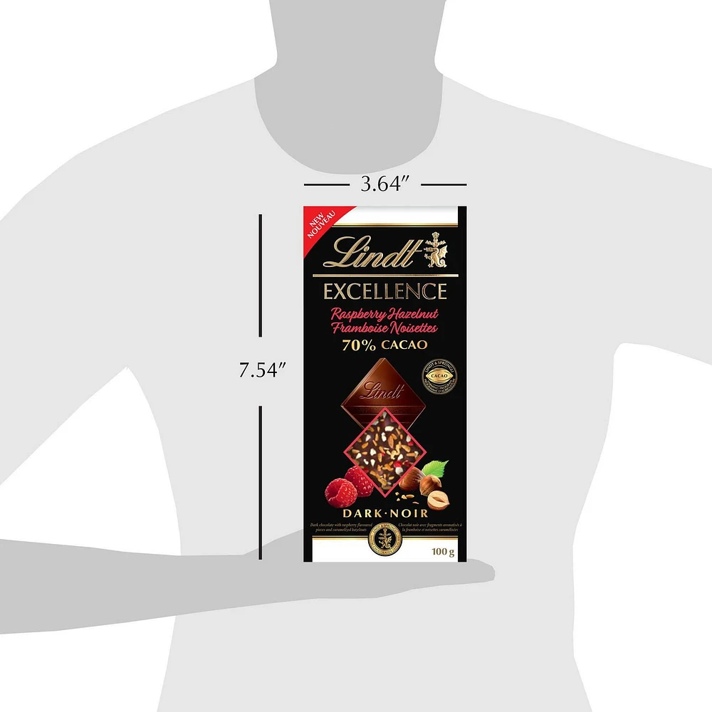 Lindt EXCELLENCE 70% Cacao Raspberry & Hazelnut Dark Chocolate Bar, 100 Grams