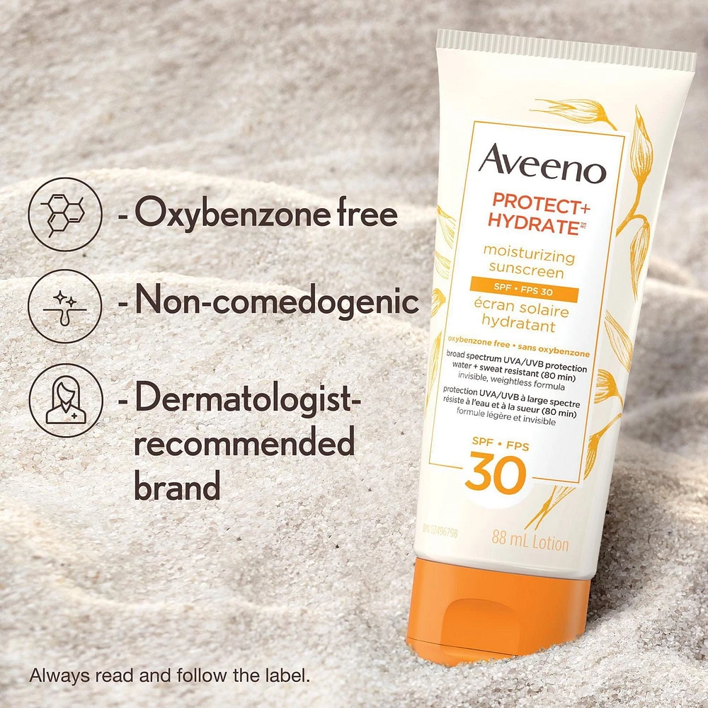 Aveeno Protect and Hydrate Face and Body Sunscreen SPF 30, Water and Sweat Resistant, Oxybenzone Free, 88mL, 88 mL