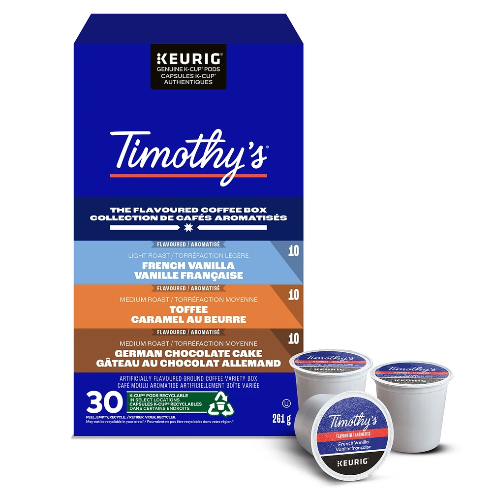 Timothy’s Flavoured Coffee Box, Light to Medium Roast, K-Cup Coffee Pods, 30 Count