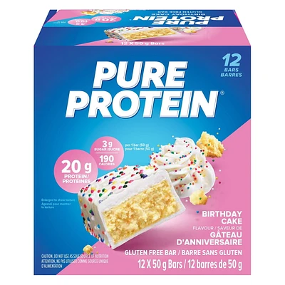 BIRTHDAY CAKE, 20 g of protein, gluten free, 12 X 50 g, New Look! Pure Protein bars feature the winning combination of high protein and great taste.