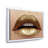 Designart Close Up of Female Plump Lips With Golden Lipstick FLOAT FRAME WALL ART