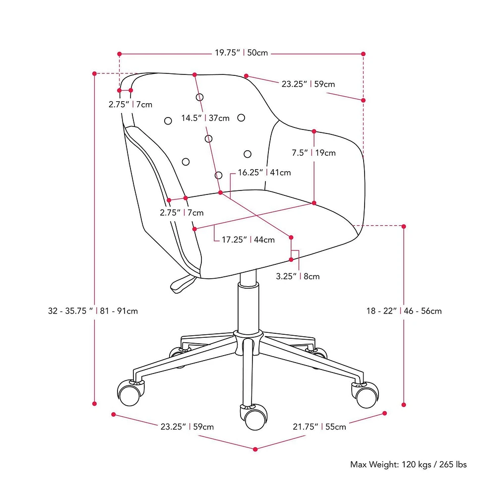 Chaise de travail pour adulte CorLiving Natasha, rembourrée et capitonnée, à hauteur réglable, avec accoudoirs