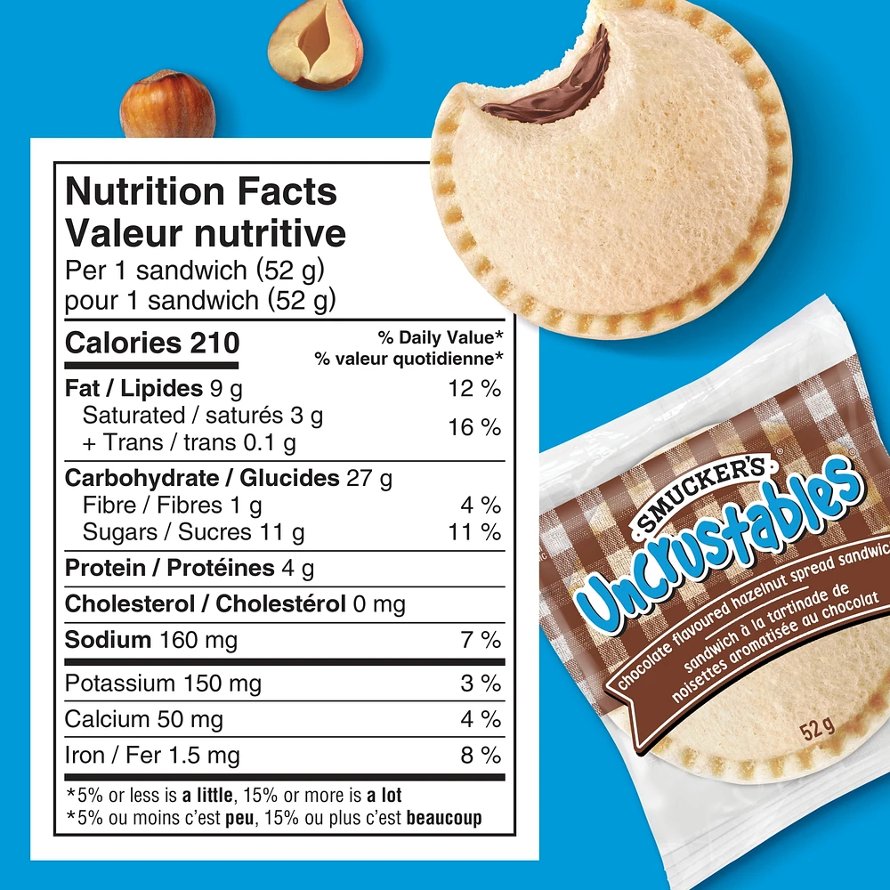 Smucker's Uncrustables Sandwich à la Tartinade de Noisettes Aromatisée au Chocolat, congelé, paquet de 10, 52g SM 52G UNCR CHO HZT SW 10PK