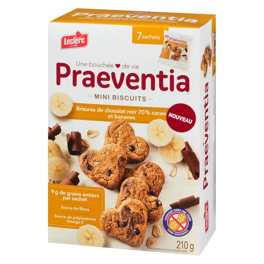 Praeventia Brisures de Chocolat Noir 70% Cacao et Bananes Mini Biscuits 210g/7 sachets