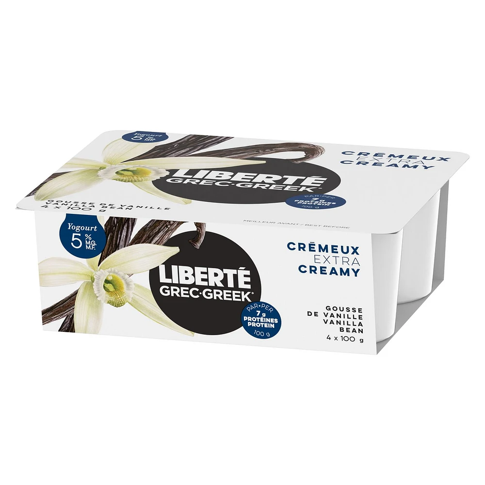 Liberté Greek 5% Extra Creamy Yogurt, Vanilla Bean, High Protein, 4 x 100 g, 4 x 100 g, 400 g