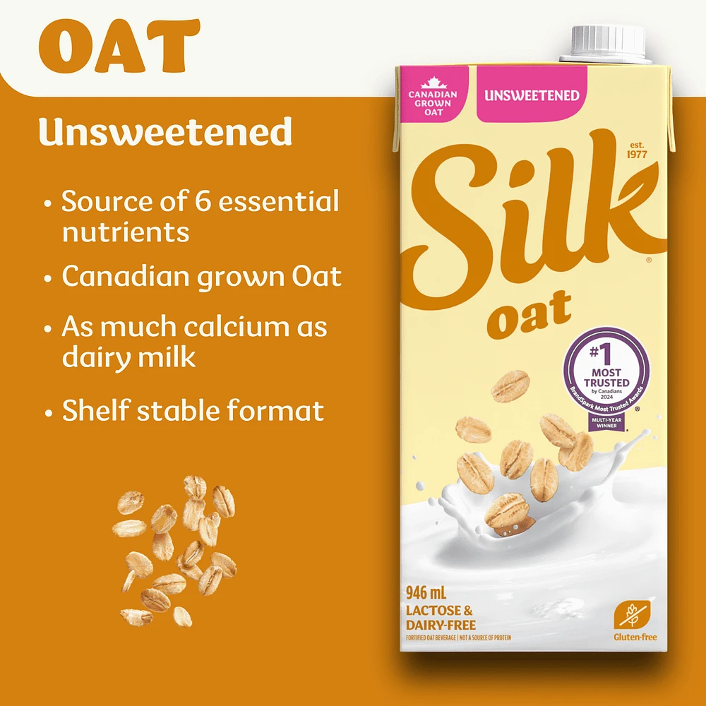 Silk Oat Milk Alternative, Plain, Unsweetened, Dairy-Free, Shelf Stable, 946 mL