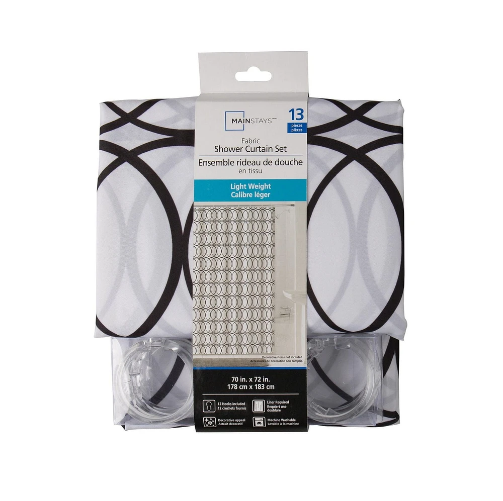 Rideau de douche Mainstays avec 12 crochets : ensemble de douche de 13 pièces avec rideau de 178 x 183 cm