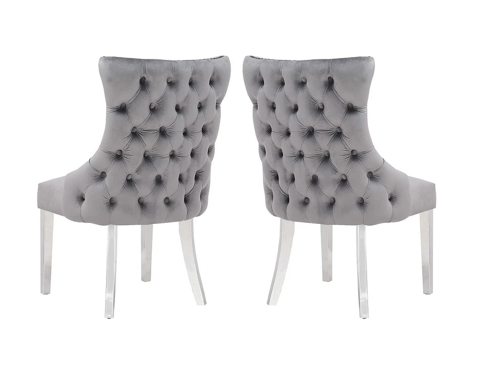 Chaise Odie en Gris, chaise de salle à manger avec garniture cloutée, chaise de salle à manger en velours, chaise de salle à manger avec pieds en acier inoxydable pour cuisine et salon - Ensemble 2