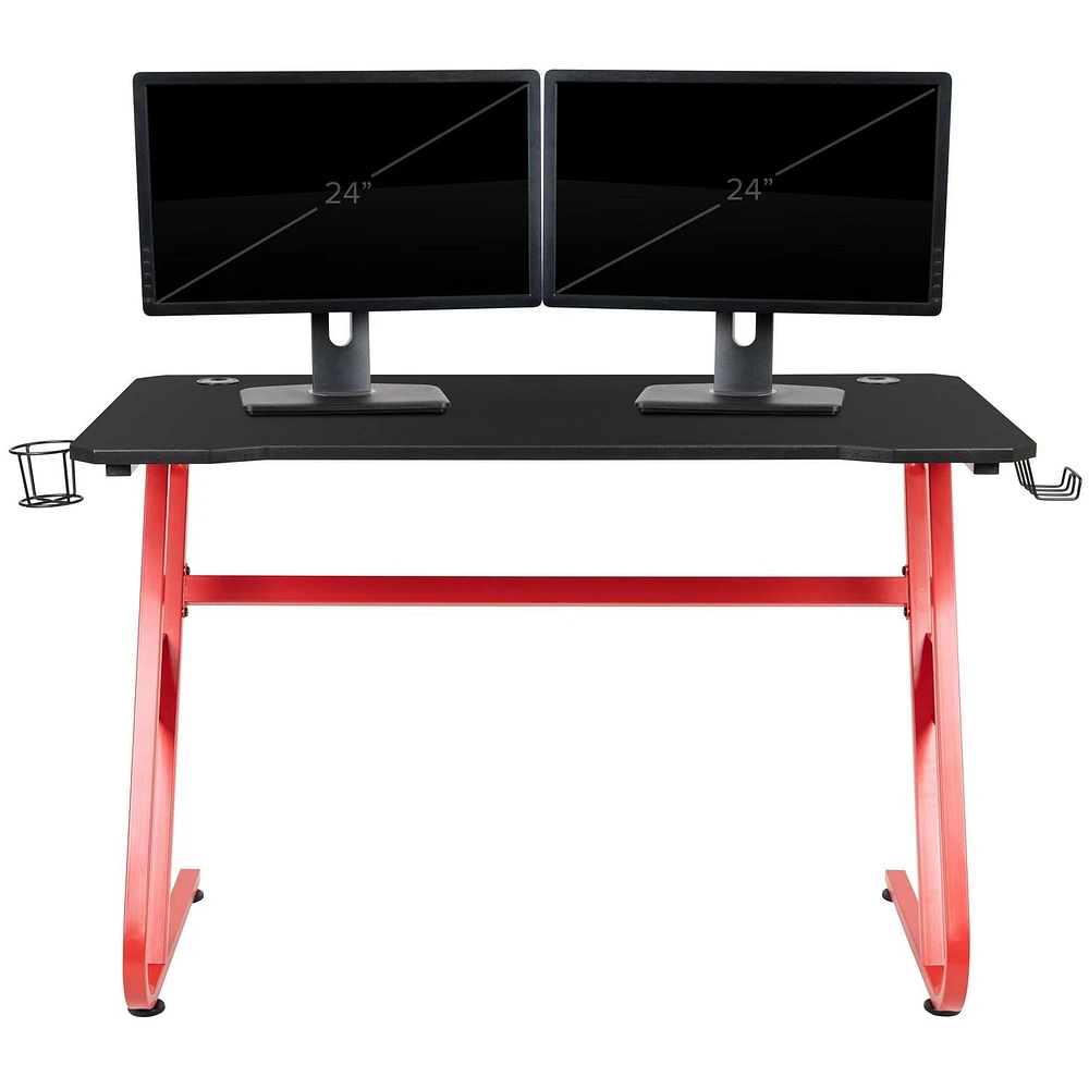 Bureau ergonomique de jeu rouge avec porte-gobelet et crochet pour casque