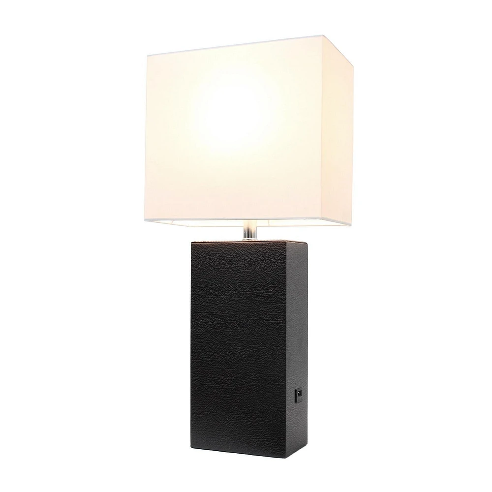 Elegant Designs Modern Leather Table Lamp with USB and White Fabric Shade