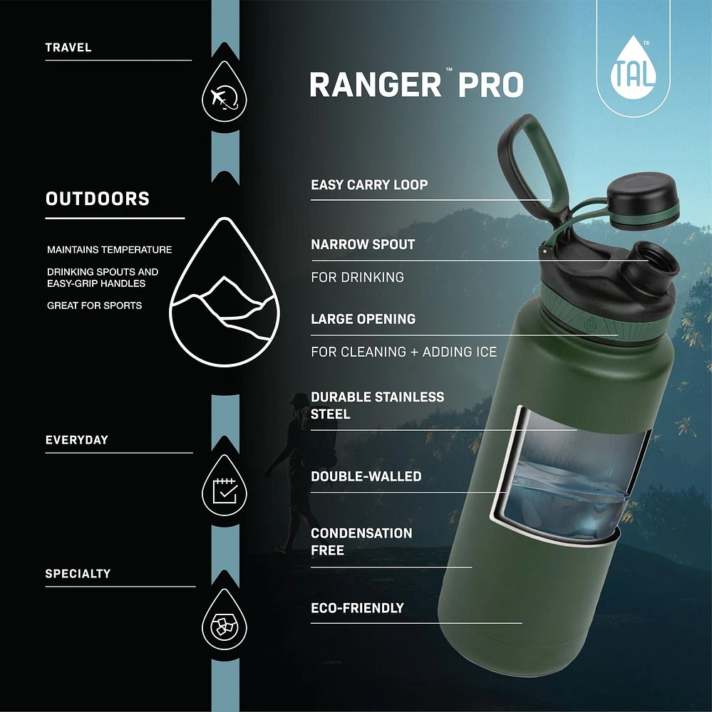 TAL Stainless Steel Ranger Water Bottle 40 fl oz, Pink, Water Bottle