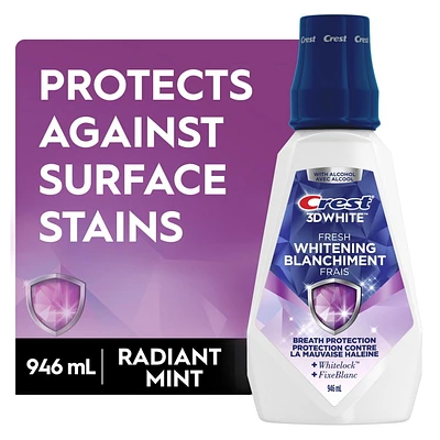 Rince-bouche blanchissant Crest3DWhite Fraîcheur, prévient les taches de surface, tue des millions de germes responsables de la mauvaise haleine, sans alcool, saveur Menthe arctique, 946mL (32ozliq.) 946ML