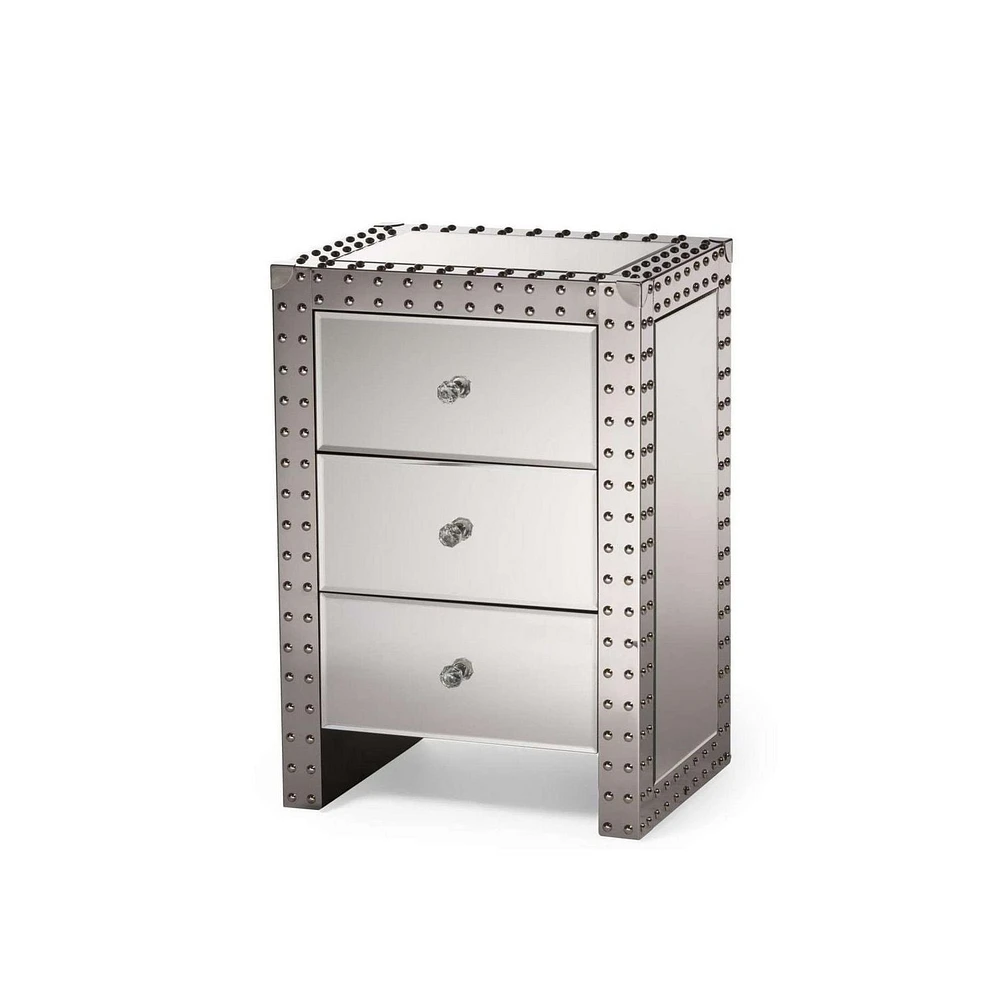 Jahnel Nightstand, Stainless Steel Nightstand, MDF Nightstand, Mirrored Nightstand, Bedroom Nightstand, Three Drawer Nightstand, Silver Nightstand, Mirrored Bedside Table