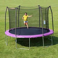SKYWALKER TRAMPOLINES Trampoline d'extérieur rond de 14 pieds violet pour enfants avec filet de sécurité et coussin à ressorts, approbation ASTM, résistant à la rouille et piquets anti-vent robustes,