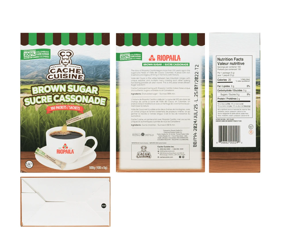 Cassonade Sucre de canne roux de Colombie emballé individuellement en sachets de 5g. Chaque carton contient 100 x 5g