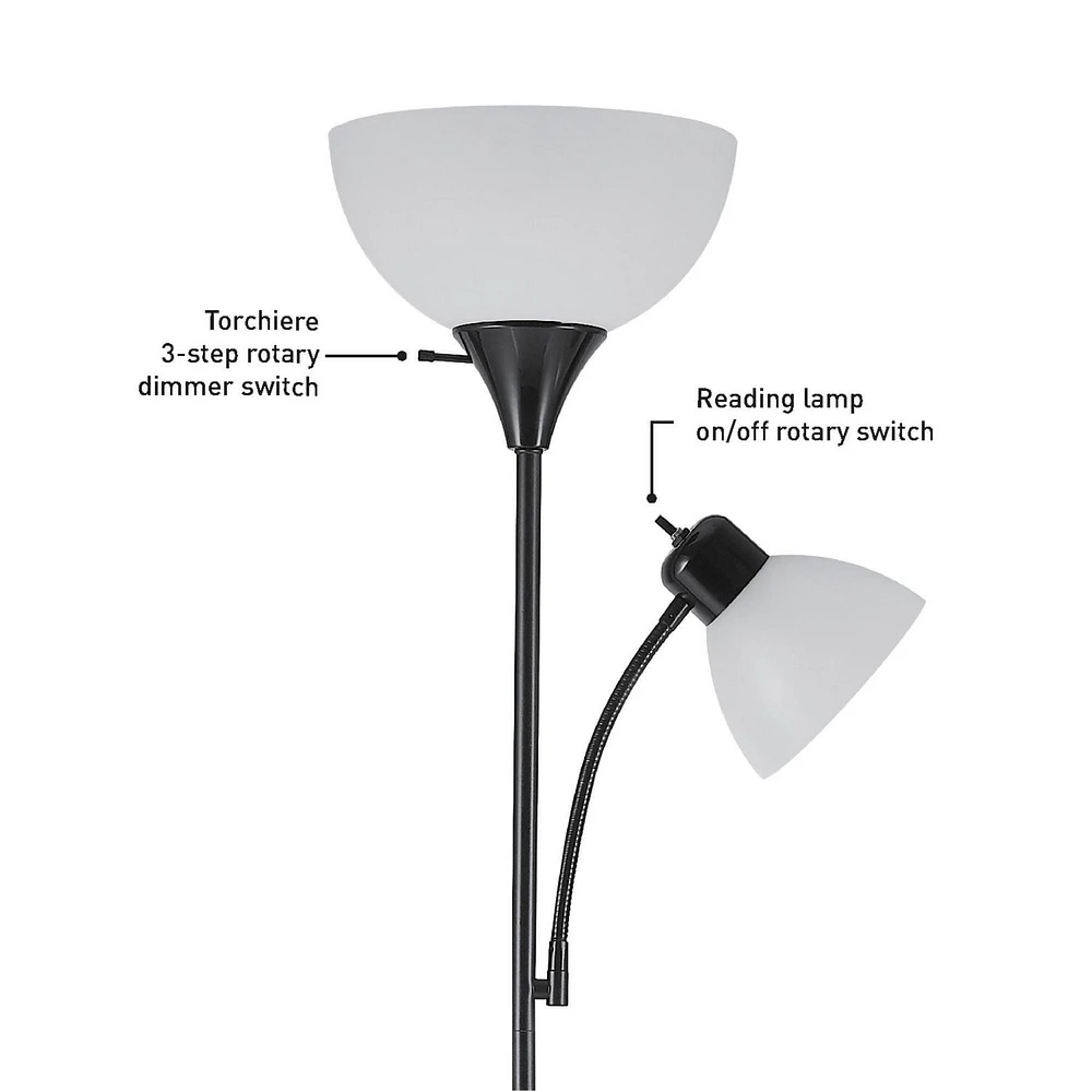 Lampe torchère sur pied en métal de collection Delilah par Globe Electric de 72 po + lumière de lecture ajustable en blanc mat