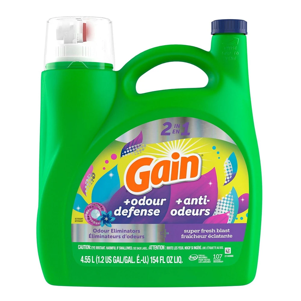 Détergent à lessive liquide Gain + Odeur defense, parfum Explosion de fraîcheur, compatible avec les laveuses HE, 107 brassées, 4,55 L (154 oz liq.)