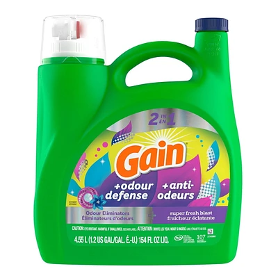 Détergent à lessive liquide Gain + Odeur defense, parfum Explosion de fraîcheur, compatible avec les laveuses HE, 107 brassées, 4,55 L (154 oz liq.)