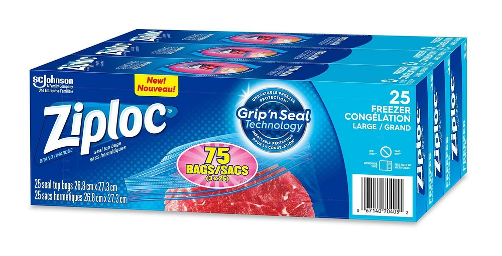 Ziploc Freezer Bags Large 3 Pack, 3 x 25 Bags