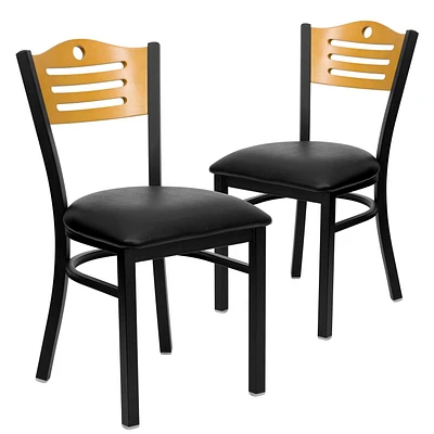 Lot de 2 pièces - Chaise de restaurant de la série HERCULES en métal noir avec dossier à lattes - dossier en bois naturel et siège en vinyle noir