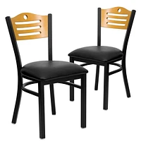 Lot de 2 pièces - Chaise de restaurant de la série HERCULES en métal noir avec dossier à lattes - dossier en bois naturel et siège en vinyle noir
