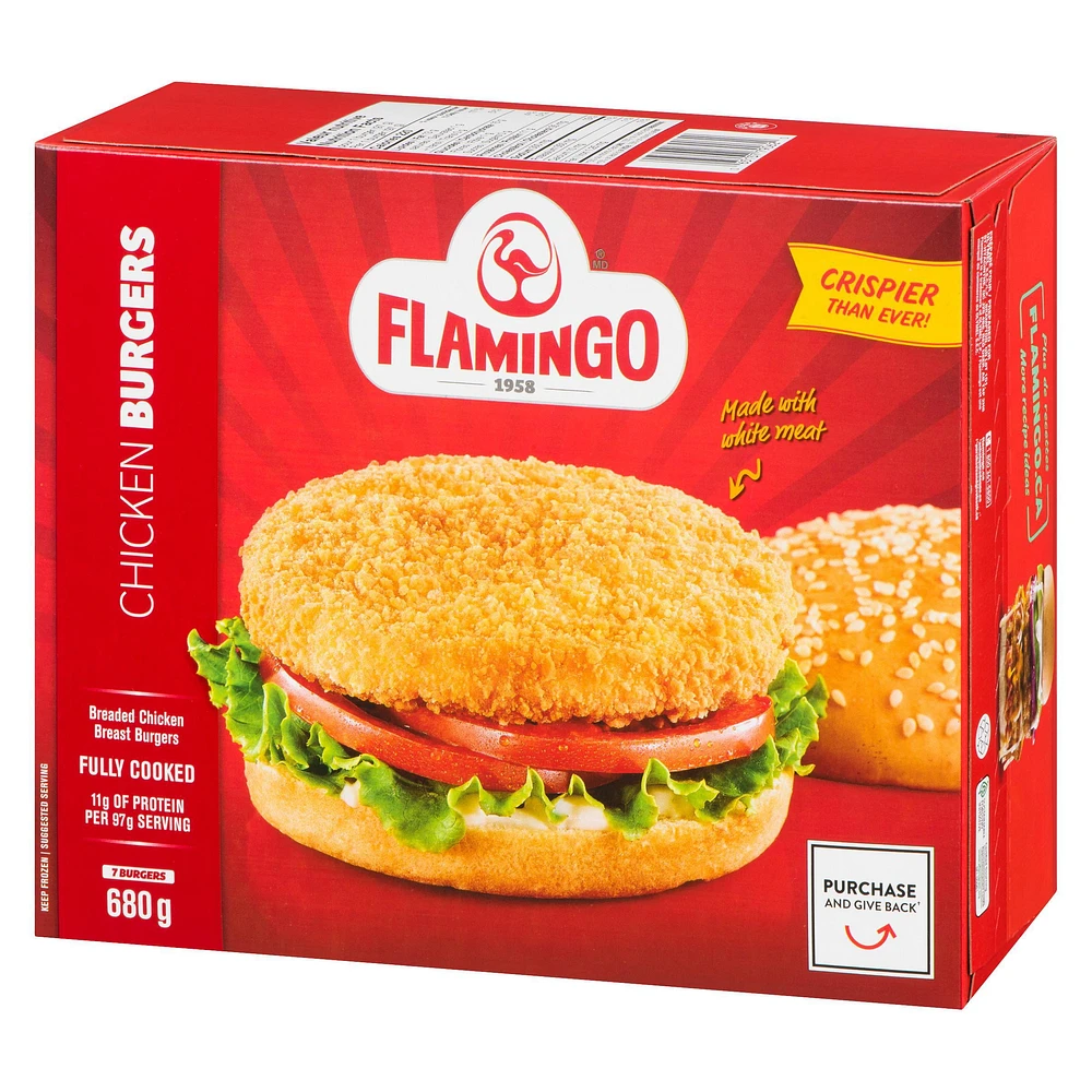 Chicken Breast Burgers Breaded and fully cooked, Flamingo, Chicken Breast Burgers Breaded and fully cooked,  680 g 11g meat protein