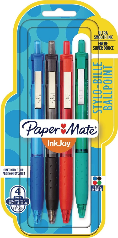 Stylos à bille rétractable InkJoy 300RT de Paper Mate à pointe moyenne de couleurs variées, Paq./4