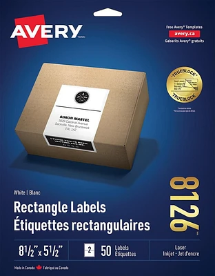 Avery Étiquettes rectangulaires blanches, Technologie TrueBlock, 8 ½ po x 5 ½ po, pour imprimantes laser et à jet d'encre - 8126
