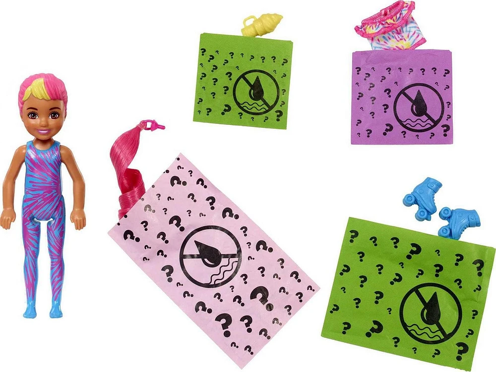 Barbie Color Reveal Chelsea, poupée, 6 surprises, Tie-Dye Fluo