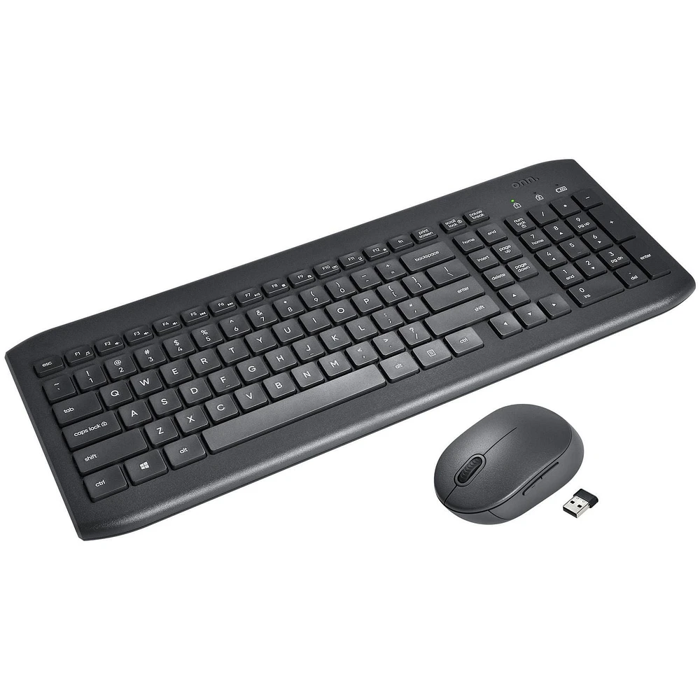 onn. 100009054 Wireless 104 Keys Full Keyboard and 5-Button Mouse, Easy Connect USB Receiver