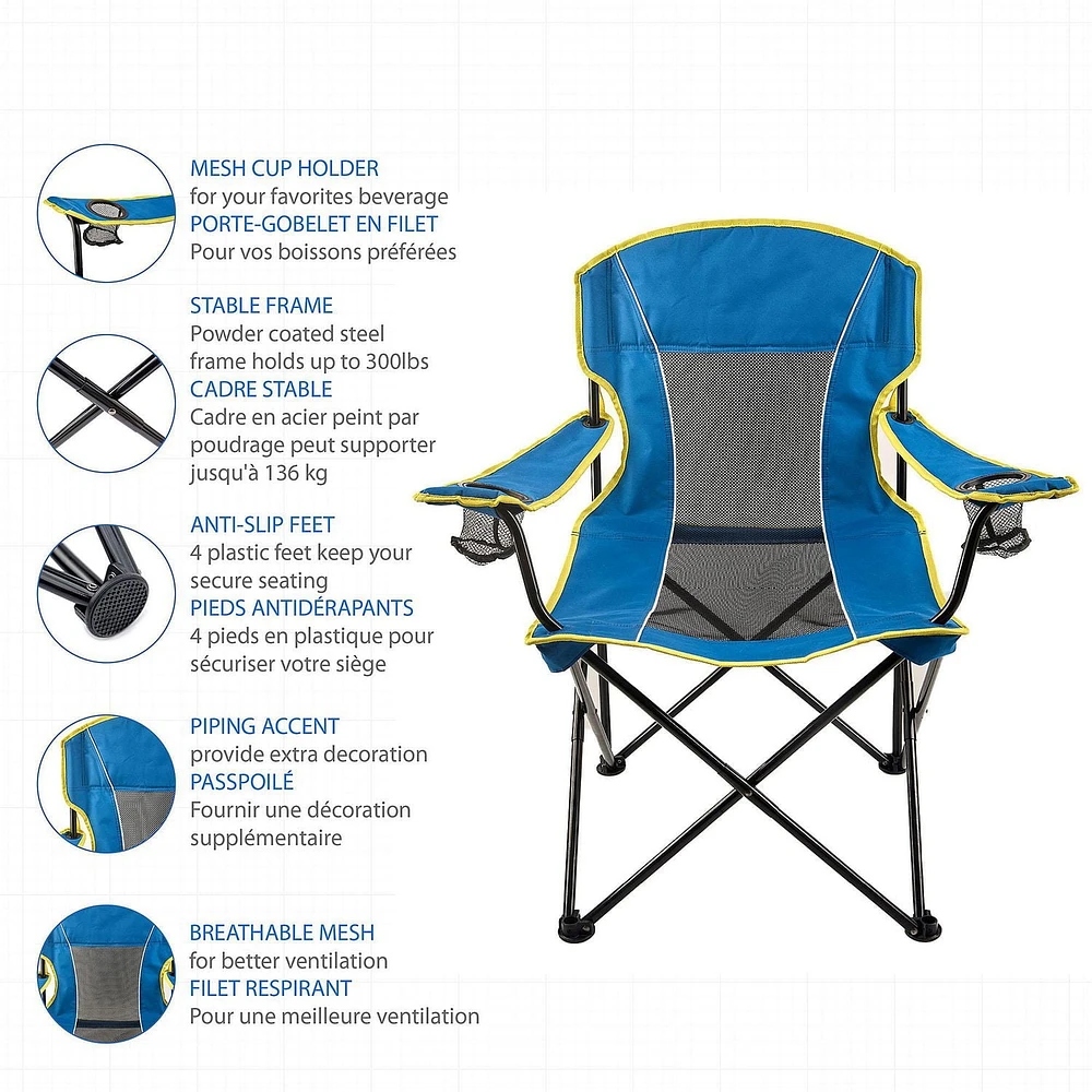 Chaise de Camping Surdimensionnée Ozark Trail à Filet, Couleur Bleu, 100% Polyester Recyclé, Cadre en Acier Robuste Chaise de camping