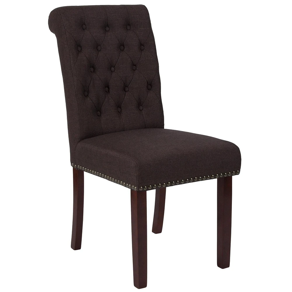 2 Pk. HERCULES Series Brown Fabric Parsons Chair with Rolled Back, Accent Nail Trim and Walnut Finish