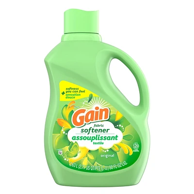 Assouplissant textile liquide Gain pour la lessive, parfum Original, compatible avec les laveuses HE 2.63L