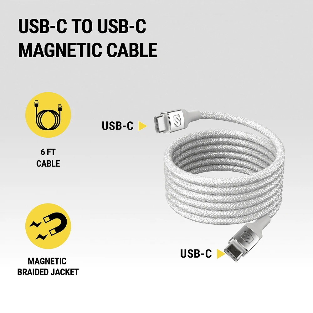 Scosche CCBM6WT-SP Strikeline 60W Magnetic USB-C to USB-C 6 Ft Braided Charging Cable White, USB-C/USB-C 6ft Mag Cbl