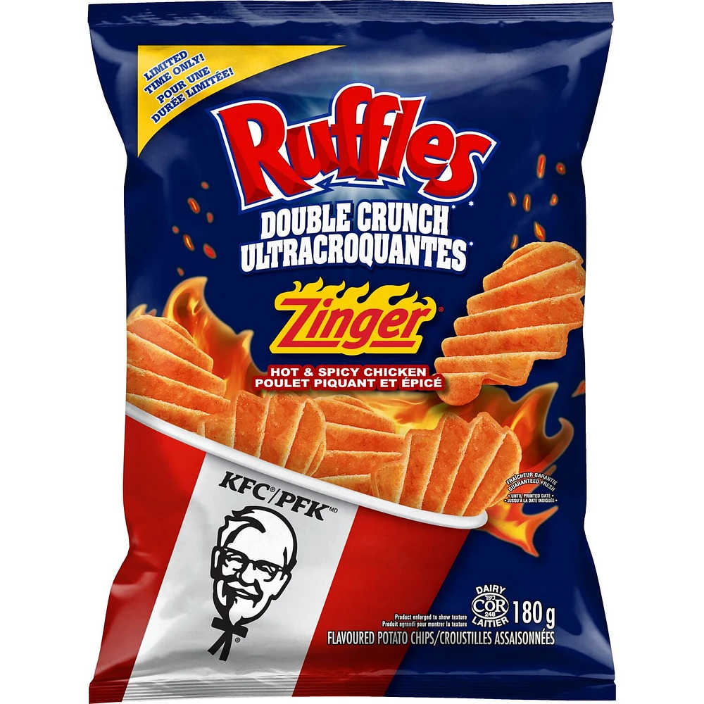 Ruffles Double Crunch KFC Zinger Hot & Spicy Chicken Flavoured Potato Chips, 180 g.