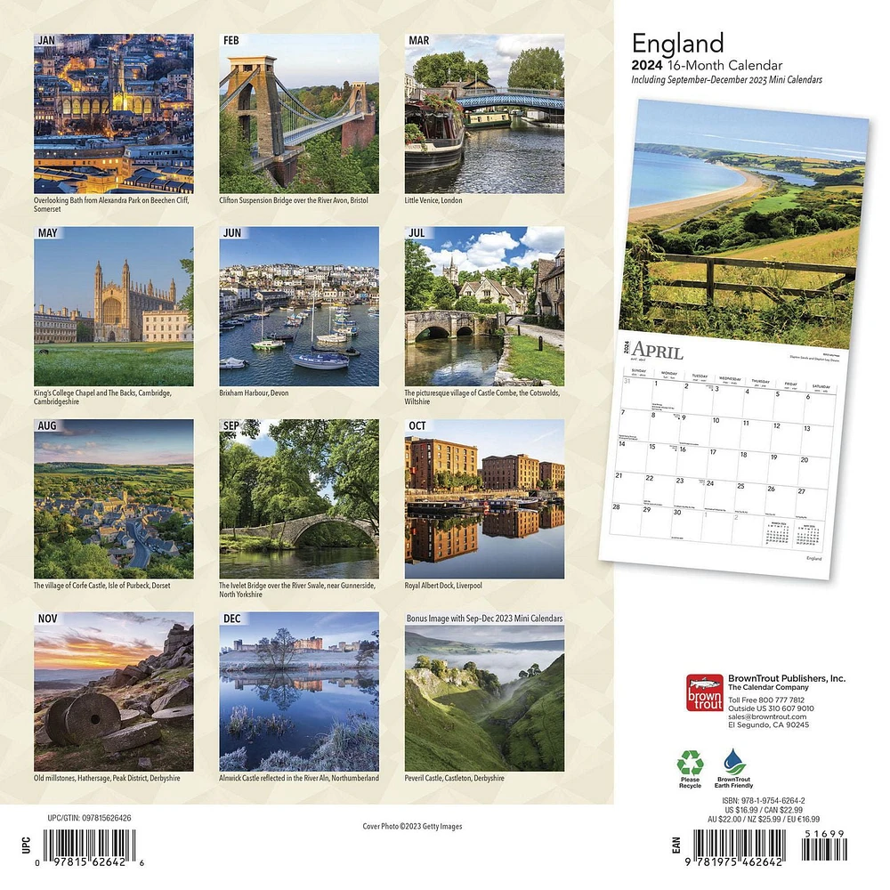 BrownTrout England 2024 12x24 Inch Square Wall Calendar, 9781975462642