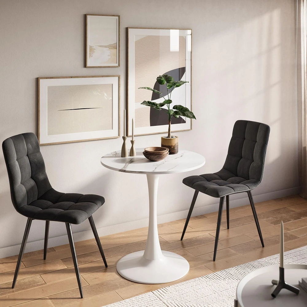 Table à manger ronde moderne CorLiving Ivo en mélamine et acier - Petite table de salle à manger sur piédestal pour 3 personnes, petite table de cuisine ronde idéale, table de café bistro