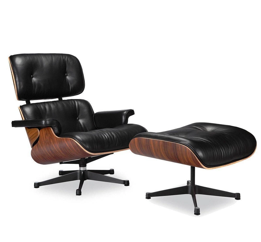 Nicer Furniture Ensemble chaise longue et pouf classique moderne en cuir véritable noir/coque en palissandre