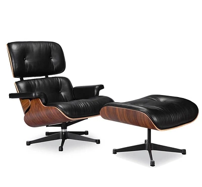 Nicer Furniture Ensemble chaise longue et pouf classique moderne en cuir véritable noir/coque en palissandre