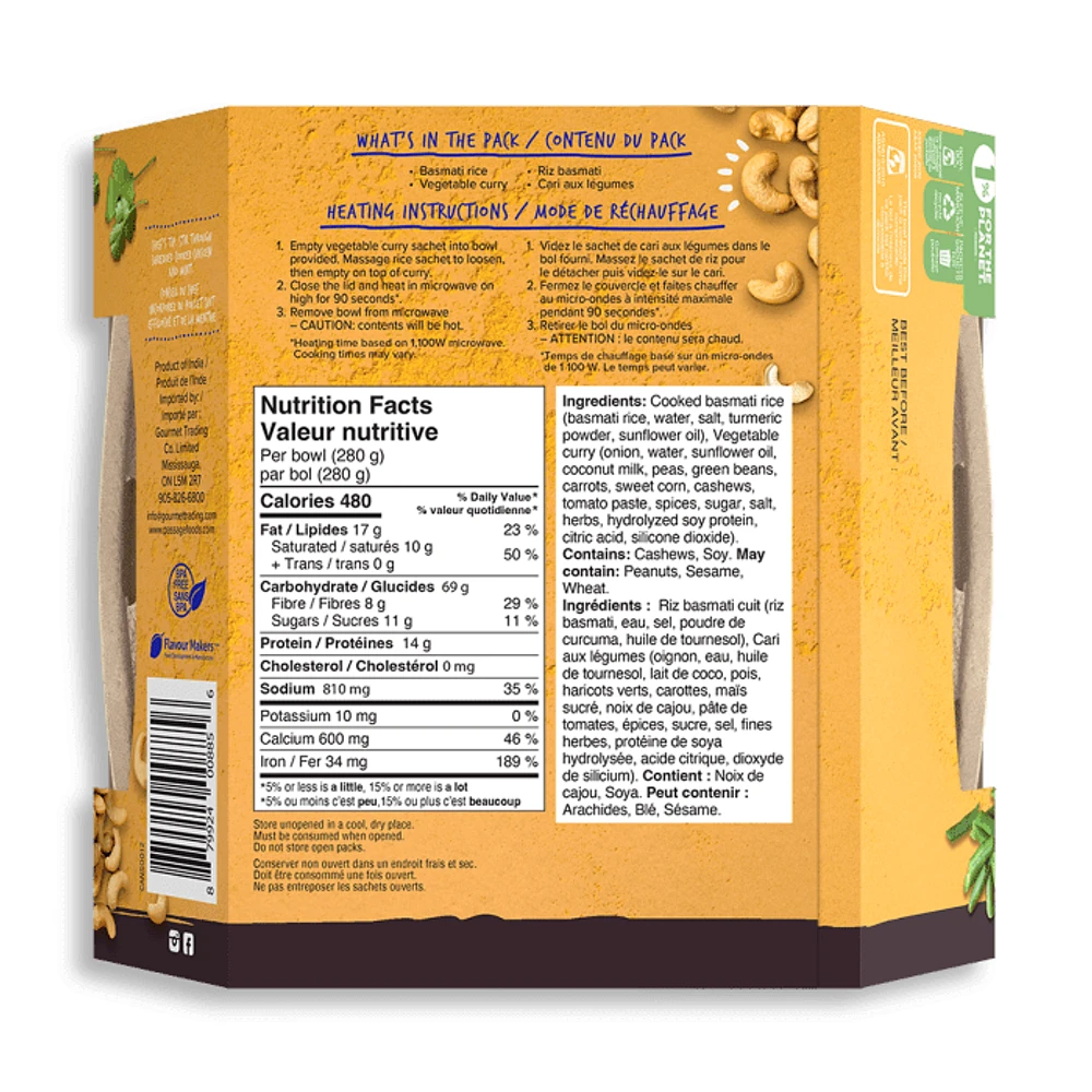 Passage to India - Bol de curry de légumes Korma aux noix de cajou (280g) Délicieusement rapide: un curry indien authentique végétarien en 90 secondes
