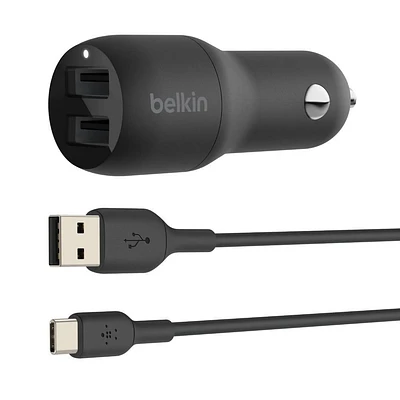Chargeur de voiture double USB-A 24 W BOOST↑CHARGE™ <br> + Câble USB-C vers USB-A