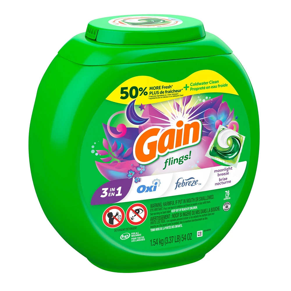 Capsules de détergent à lessive Gain Flings, capsules de détergent HE 3 en 1 avec Oxi Boost et Febreeze, parfum Brise nocturne 76CT