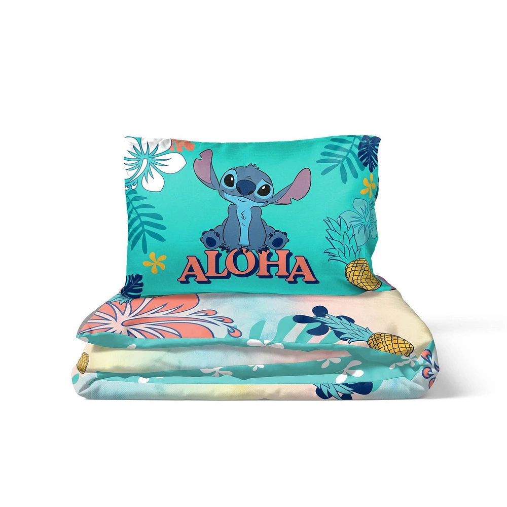 Lilo & Stitch Ensemble de Douillette et Taie d'Oreiller Réversible pour Lit 1 ou 2 Places pour Enfants, 100% Polyester