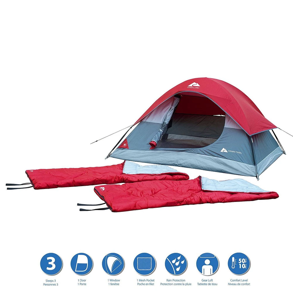 Ozark Trail Combo Camping 3 pièces, 2 sacs de couchage, capacité maximale : 3 personnes, type de produit : tentes dôme dimensions : 7 pi H x 6 pi W x 42 po H