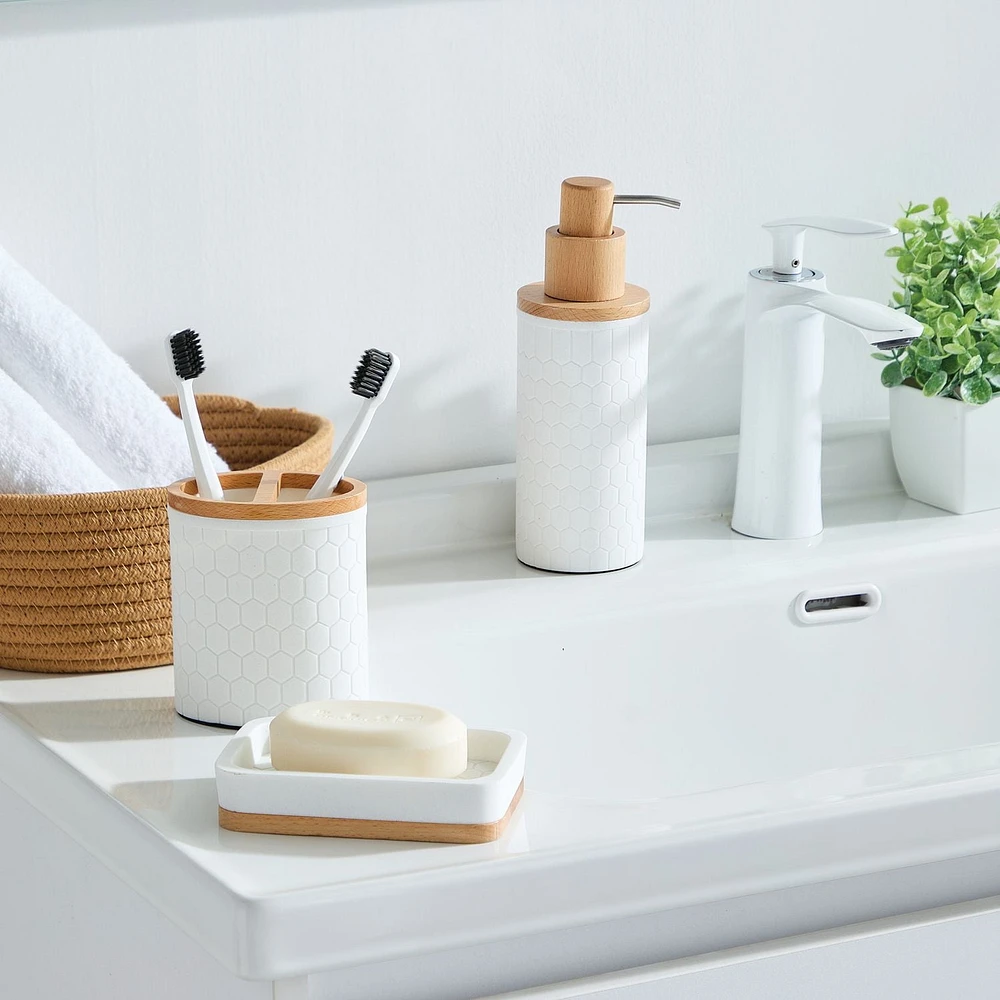 hometrends Porte-savon en nid d’abeille, porte-savon en grès blanc avec garniture en bois pour ranger le savon dans la salle de bain ou la cuisine Porte-savon en grès et en bois